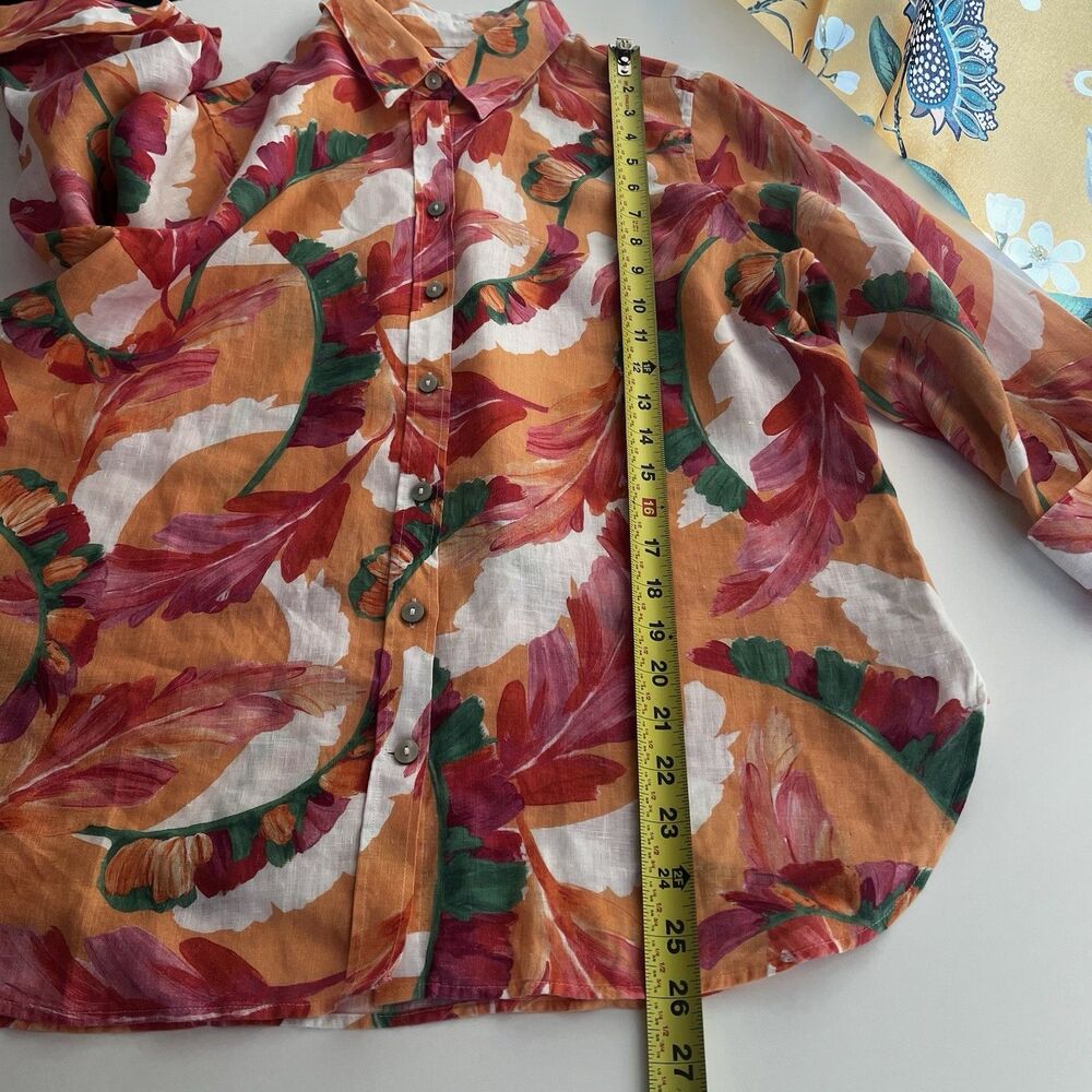 Chicos Shirt Women 1 US 8 Orange Pink Foliage Floral No Iron Linen 3/4 Sleeve - Picture 9 of 9